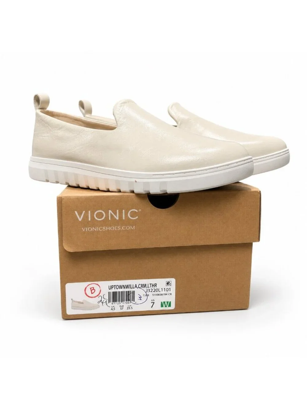 VIONIC Uptown Willa Cream Leather Slip On Sneakers Womens 7 WIDE Arch Support